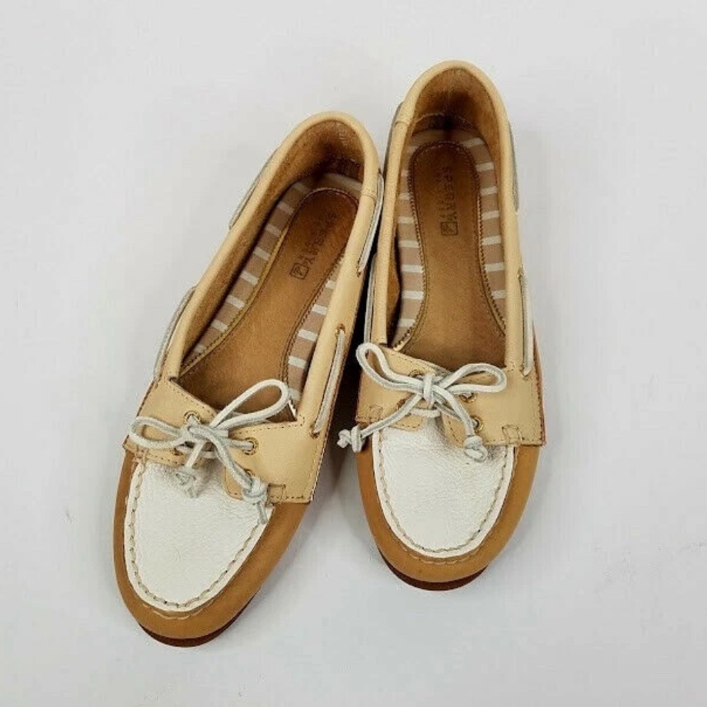 Sperry Tan and White Loafers with Moccasin Stitching